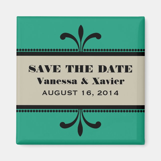 Imán Verde/Beige Fancy Art Deco Save the Date Magnet (Frente)