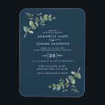 Imán verde boda Eucalipto azul marino botánico<br><div class="desc">Foliage de Eucalyptus Greenery moderno minimalista elegante fiesta de jardín contemporáneo invitan al imán Boda. Sencillo diseño botánico contemporáneo. Sage green,  azul marino,  negro y blanco elegantes trajes de colores modernos primavera,  otoño de verano,  otoño y boda blanco.</div>