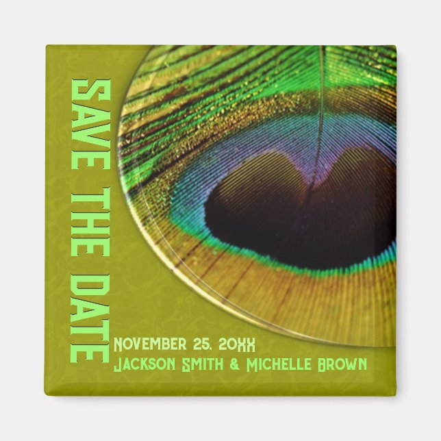 Imán verde de Peacock Save the Date (Frente)