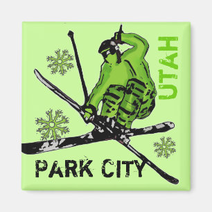 Imán verde del esquiador del tema de Park City