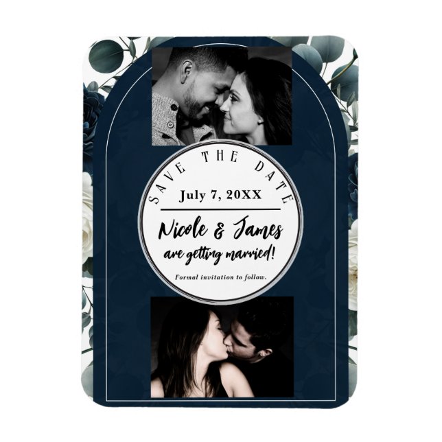 Imán Verde floral azul oscuro y blanco moderno Guardar  (Vertical)