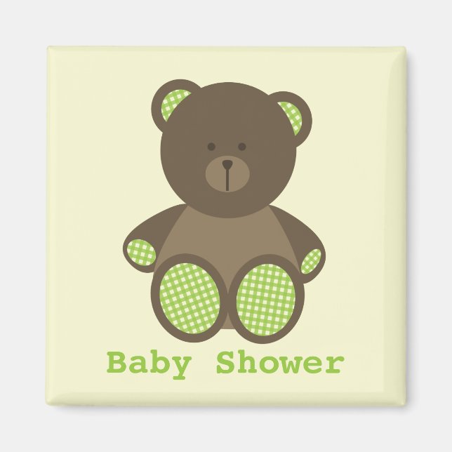 Imán Verde neutro Baby Shower Favor Gingham Bear (Frente)
