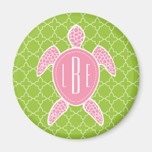 Imán Verde rosado con monograma Quatrefoil de la