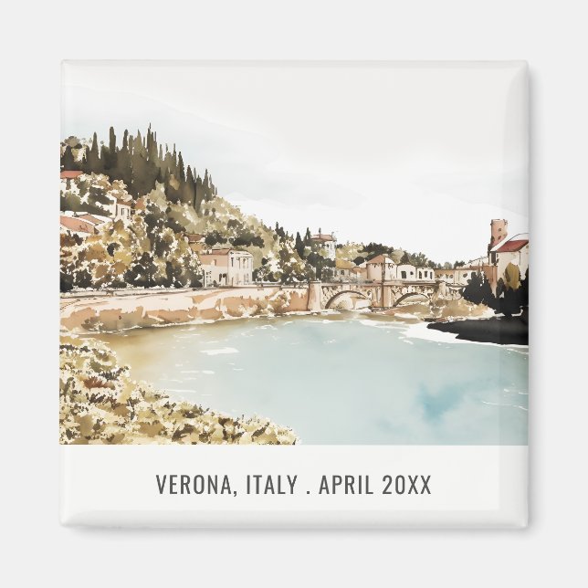 Imán Verona Adige River Italy Watercolor Italiano Trave (Frente)