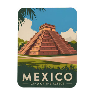Imán Viaje de época México Azteca Pirámide Retro Gráfic