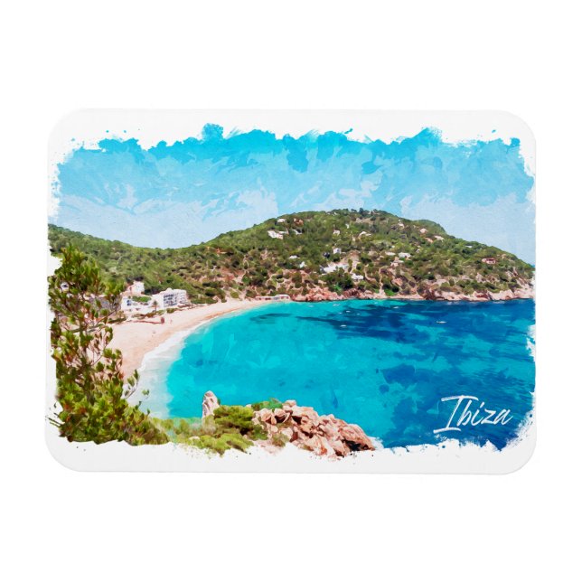 Imán Viaje de paisajes de playa de Ibiza España (Horizontal)
