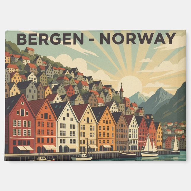 Imán Viaje de Vintage Bergen Noruega (Anverso)