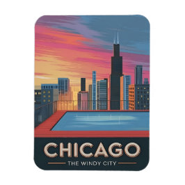Imán Viaje de Vintage Chicago Sunset Skyline Cityscape