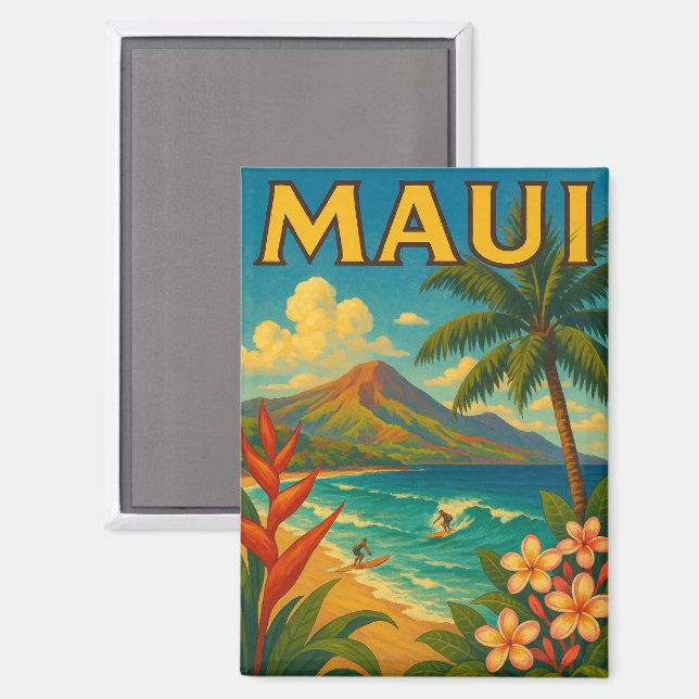 Imán Viaje del paraíso de surf Retro Maui Hawaii (Anverso/Reverso)
