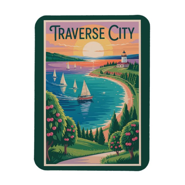 Imán Viaje en Ilustracion del lago Michigan de Traverse (Vertical)