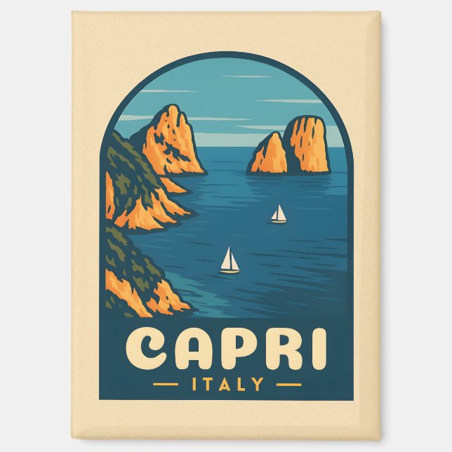 Imán Viaje retro vintage Capri Italia Escenario Costero (Anverso)