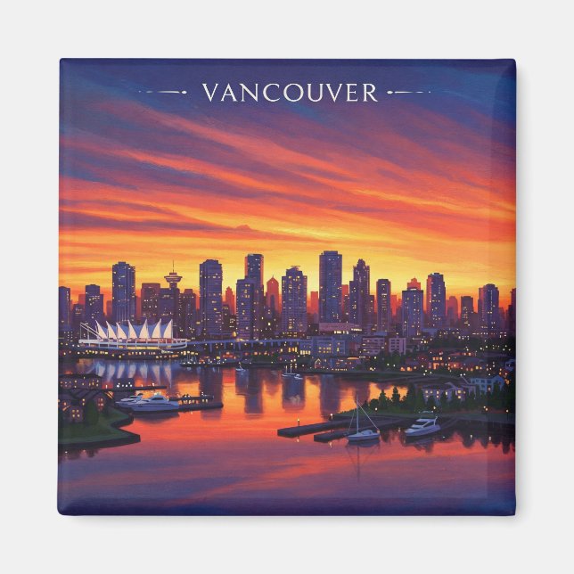 Imán Viajes al atardecer de Vancouver Skyline Canada (Frente)