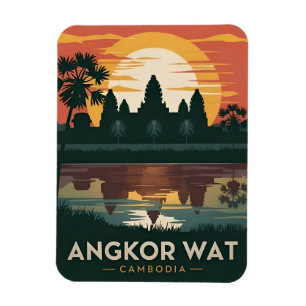 Imán Viajes de época Angkor Wat Cambodia Retro Sunset