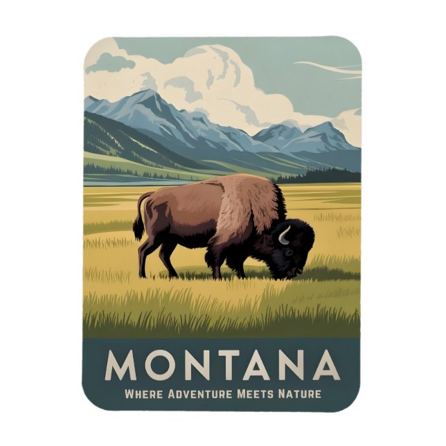 Imán Viajes de época Montana Bison Wildlife Retro Escen (Vertical)