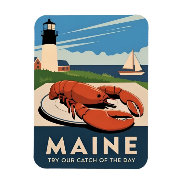 Imán Viajes Vintage Maine Lobster Seafood Retro Escenar (Vertical)