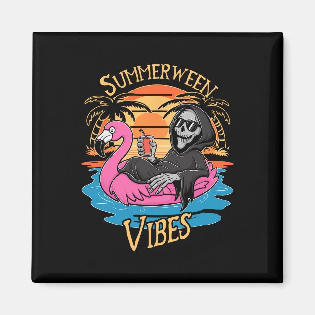 Imán Vibes Skeleton Flamingo Spooky Halloween Summer (Frente)