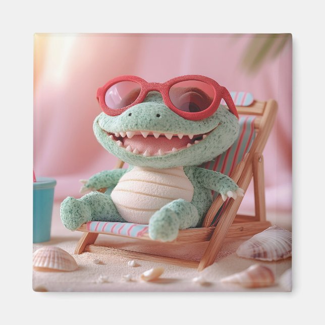 Imán Vibraciones de Verano: Cocodrilo de Peluche Relaja (Frente)