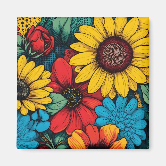 Imán Vibrante Pop Art Floral Design con girasoles (Frente)