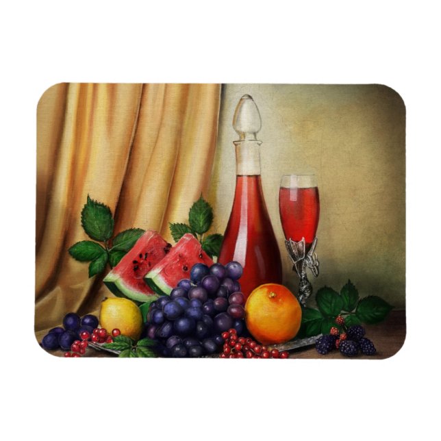 Imán Vida clásica con pintura de vino y frutas (Horizontal)