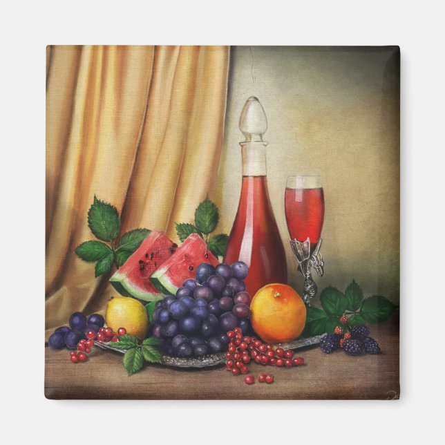 Imán Vida clásica con pintura de vino y frutas (Frente)