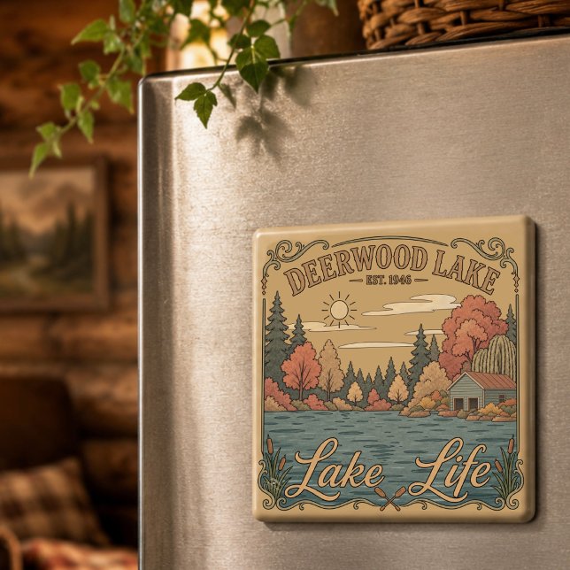 Imán Vida Rústica del Lago Deerwood Vintage  (Vintage Deerwood Lake Life Fall Colors Magnet by Inspirivity Artist, Jennifer Wagner)