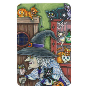 IMÁN VIEJA BRUJA HOGAR FELIZ, MUCHOS GATOS Y BÚHO HALLO