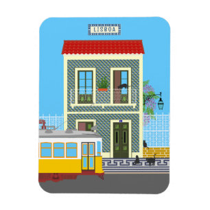 Imán Vieja casa de Lisboa con gatos y tranvía amarillo