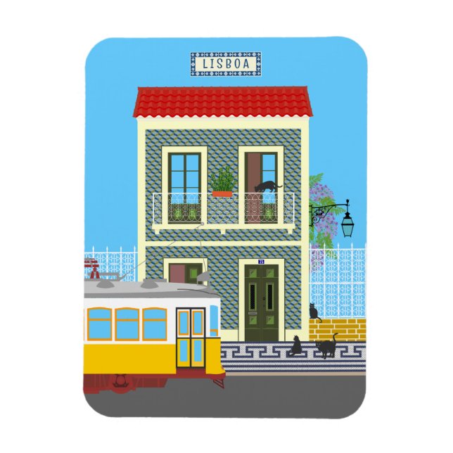 Imán Vieja casa de Lisboa con gatos y tranvía amarillo (Vertical)