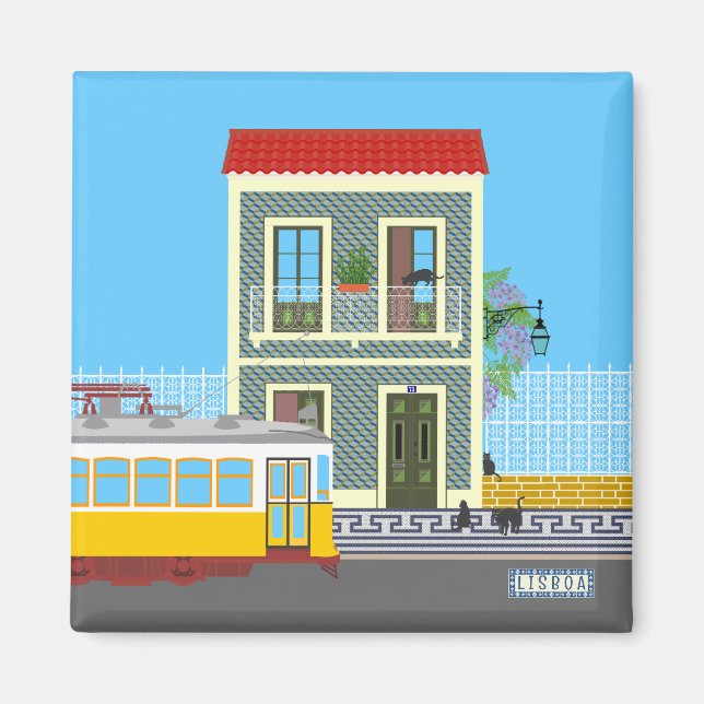 Imán Vieja casa de Lisboa con gatos y tranvía amarillo (Frente)