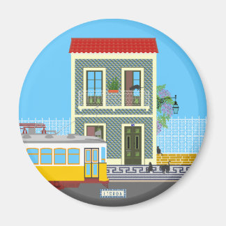 Imán Vieja casa de Lisboa con gatos y tranvía amarillo