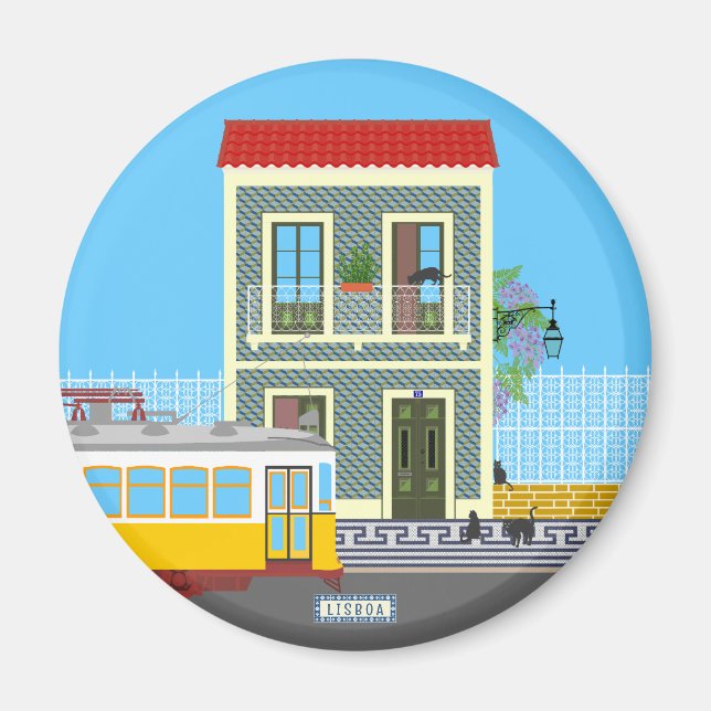 Imán Vieja casa de Lisboa con gatos y tranvía amarillo (Frente)
