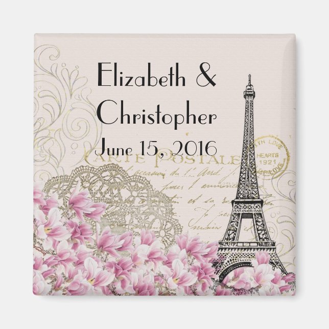Imán Vieja Torre Eiffel y Boda de flores rosadas (Frente)