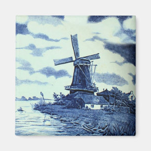 Imán Viejo Antiguo Delft Blue Tile - Windmill Pinback
