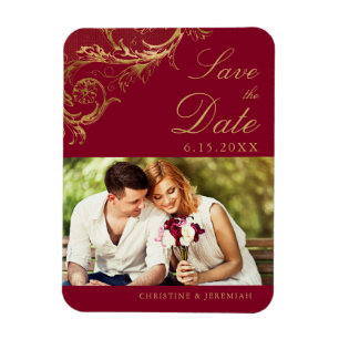Imán Viejo Burgundy Gold Damask Photo Save the Date