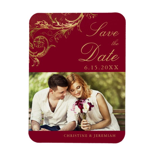 Imán Viejo Burgundy Gold Damask Photo Save the Date (Vertical)