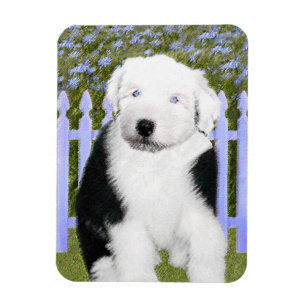 Imán Viejo perro pastor inglés con pintura de cachorros