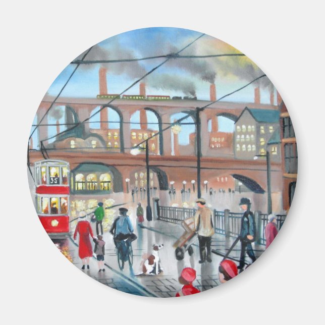 Imán Viejo tren viaducto de Stockport pintura al óleo (Frente)