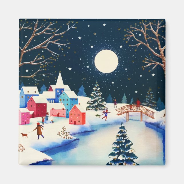 Imán Villa de nieve de invierno azul festivo (Frente)