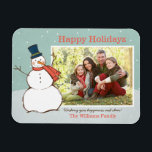 Imán Vintage Aqua Winter Snowman Happy Holidays<br><div class="desc">El diseño de un imán fotográfico paisajístico "Happy Holidays" presenta una escena de invierno nevada con copos de nieve cayendo y un muñeco de nieve feliz vestido con sombrero de punta y bufanda. Personaliza con tu foto y saludo de personalizado. Diseño de color azul/verde, naranja/rojo y blanco con acentos azul...</div>