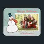 Imán Vintage Aqua Winter Snowman Happy Holidays<br><div class="desc">El diseño de un imán fotográfico paisajístico "Happy Holidays" presenta una escena de invierno nevada con copos de nieve cayendo y un muñeco de nieve feliz vestido con sombrero de punta y bufanda. Personaliza con tu foto y saludo de personalizado. Diseño de color azul/verde, naranja/rojo y blanco con acentos azul...</div>