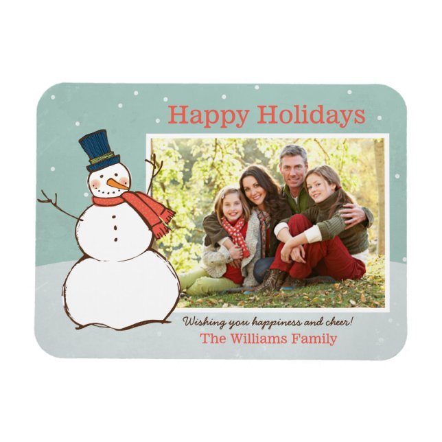 Imán Vintage Aqua Winter Snowman Happy Holidays (Horizontal)