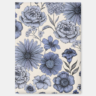 Imán Vintage Blue Toile Floral Botanical Pattern