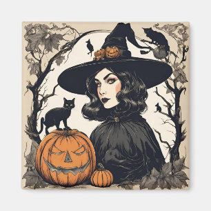 Imán Vintage Bonito Halloween Bruja con gatos negros
