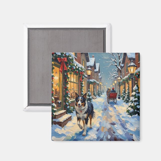 Imán Vintage Border Collie Snowy Village Christmas (Anverso/Reverso)