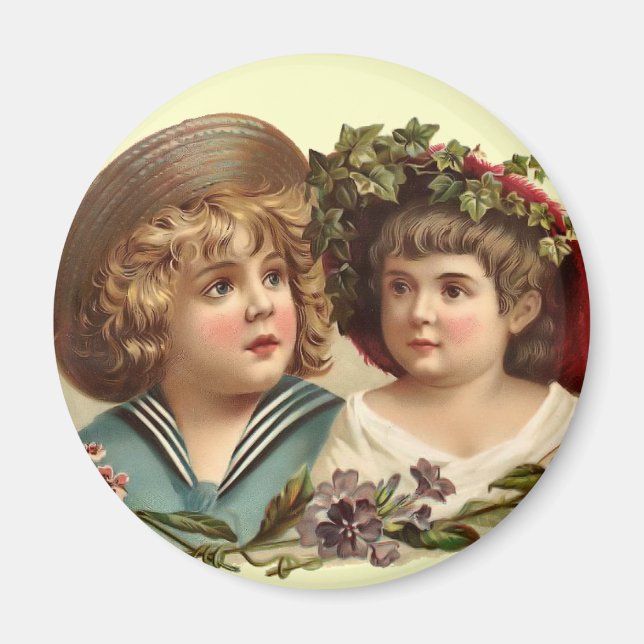 Imán Vintage Boy and Chica Round Magnet (Frente)