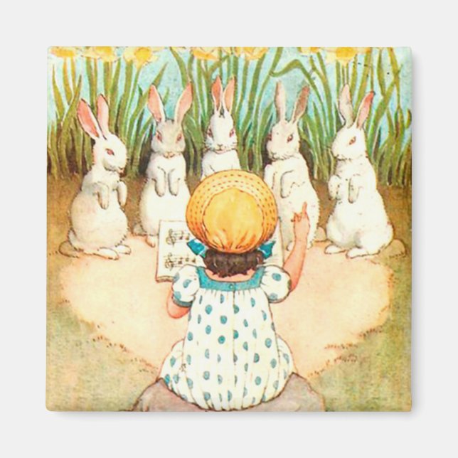 Imán Vintage Bunny Singing with Child Easter Greeting (Frente)