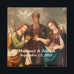 Imán Vintage católico de favores matrimoniales personal<br><div class="desc">Diseño Boda católico vintage presenta una reproducción de la pintura "El matrimonio de la Virgen" de Pedro Ramírez, pintada en 1688 como telón de fondo de los nombres de la pareja recién casada y la fecha de su boda con una elegante letra blanca. Una gran idea para bodas o duchas....</div>