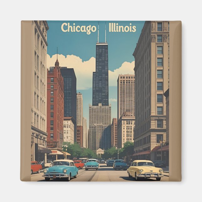 Imán Vintage Chicago Illinois City Skyline Retro Travel (Frente)