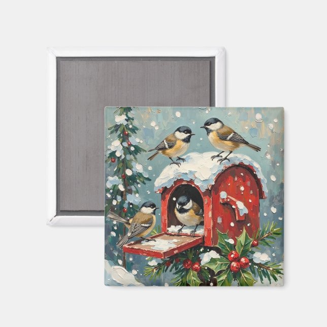 Imán Vintage Chickadees on Snowy Christmas Mailbox (Anverso/Reverso)