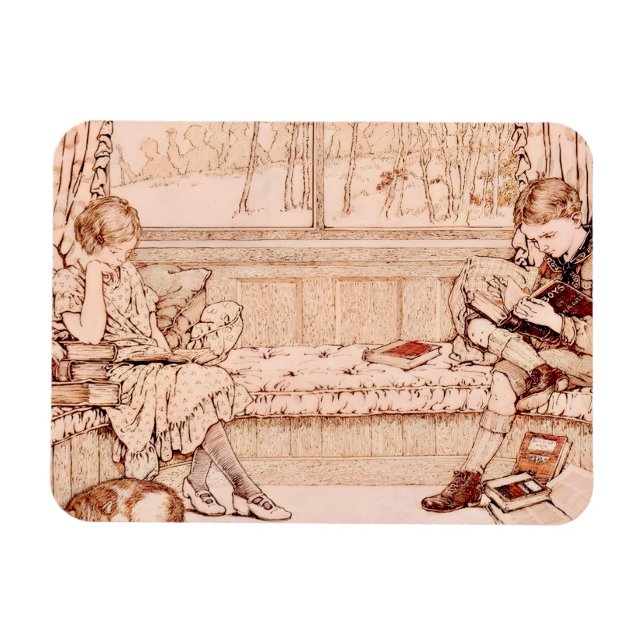Imán Vintage Children Reading cozy Illustration  (Horizontal)